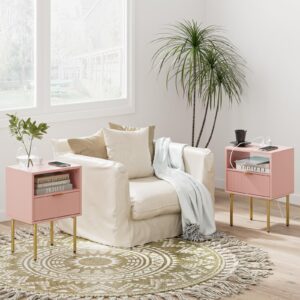 Masupu Night Stand with Charging Station,Mid-Century Modern Bedside Table with Storage Drawer and Open Wood Shelf,Small Gold Frame Side Table for Bedroom,Living Room (Pink)