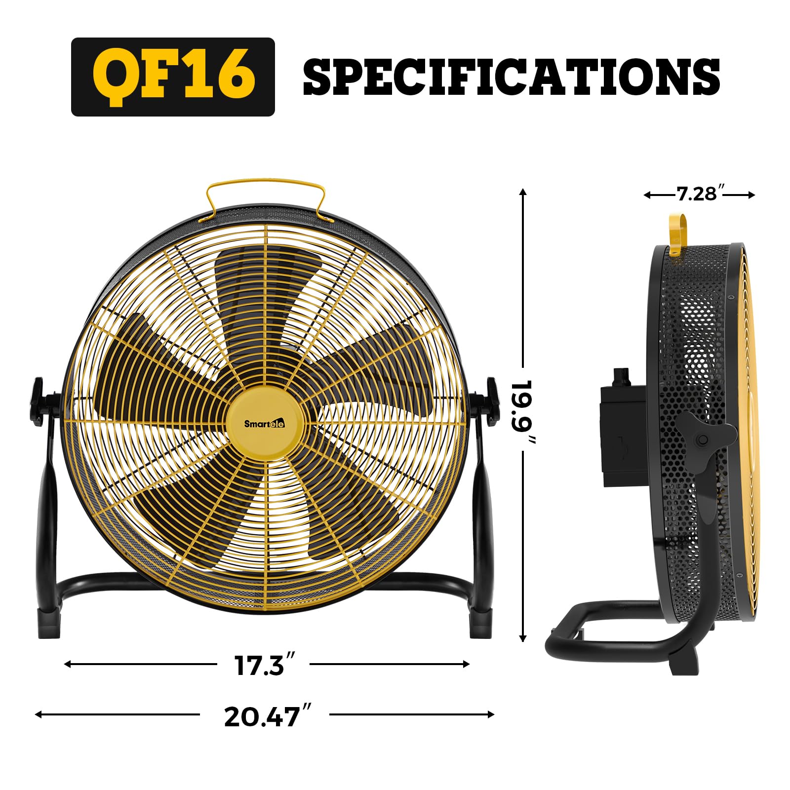 Smartele QF16 16 Inch Battery Powered Floor Fan Fast Charging,15000mAh Battery Operated Fan,Rechargeable Portable Fan,2500 CFM High Velocity Cordless Fan for Patio,Gym,Camping,Travel,Backyard