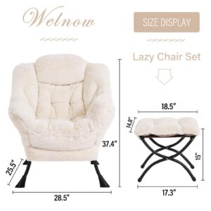 Welnow Lazy Chair with Ottoman, Modern Lounge Accent Chair with Armrests and a Side Pocket, Leisure Sofa Chair, Reading Chair with Footrest for Small Space, Corner Chair, Plush Beige