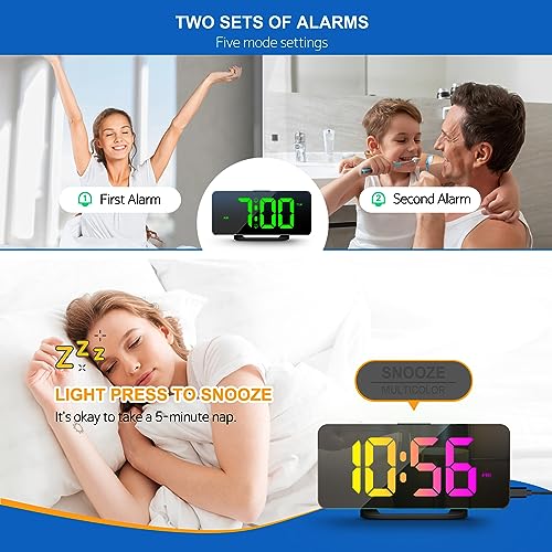 Digital Alarm Clock, Large LED Digital Clock for Bedrooms with 10 Color Changing Night Light, Adjustable Brightness, USB Charging Port, Bedside and Desk Clock for Living Room Office Decor (Black)