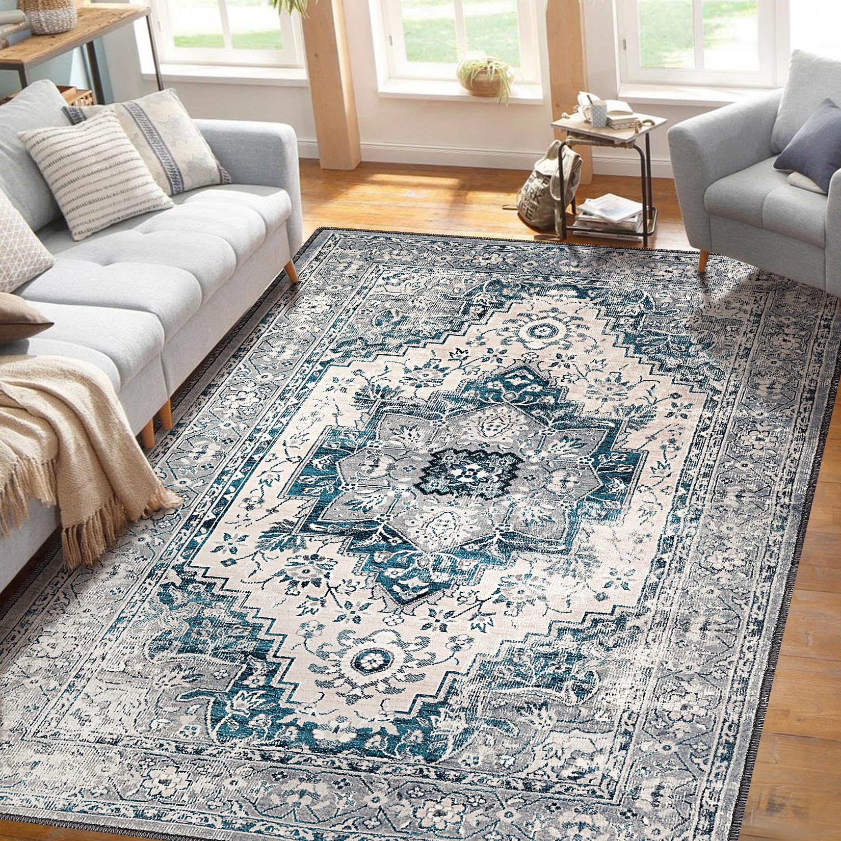 ROYHOME Washable Area Rug 5x7, Vintage Boho Living Room Rug Non-Slip Nursery Rug for Bedroom,Low-Pile Retro Carpet Print Distressed Entryway Rug for Laundry Dining Room Office，5x7