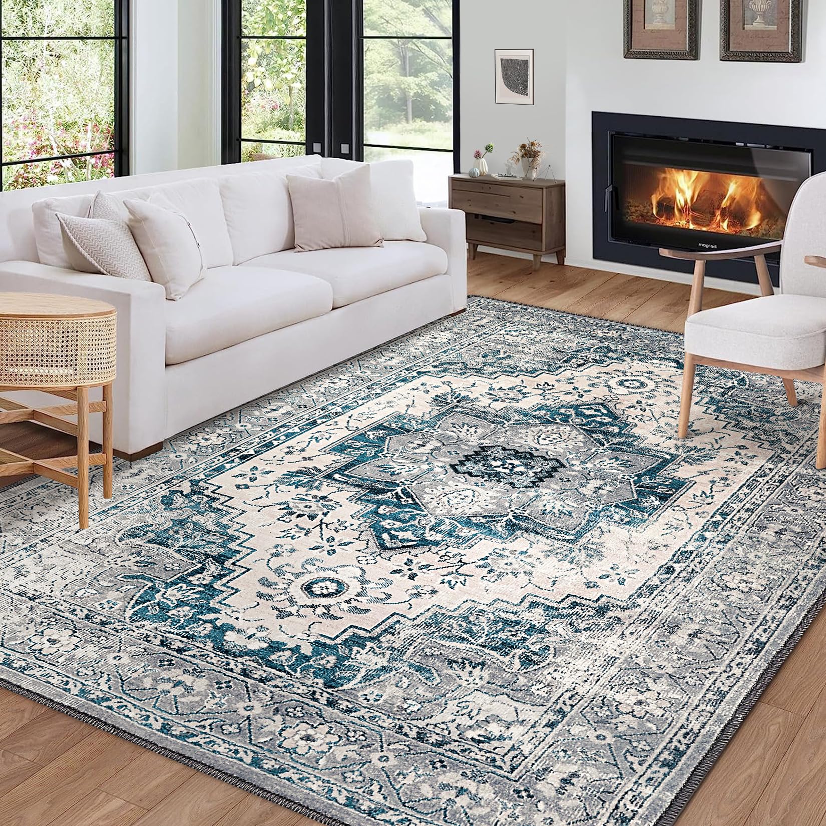 ROYHOME Washable Area Rug 5x7, Vintage Boho Living Room Rug Non-Slip Nursery Rug for Bedroom,Low-Pile Retro Carpet Print Distressed Entryway Rug for Laundry Dining Room Office，5x7