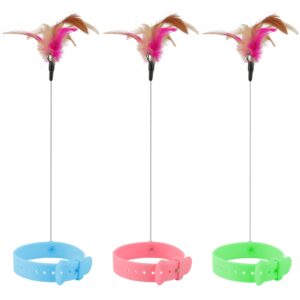 cat collar toy, 3 pcs cat feather toy with neck collar, interactive self playing toys with bell for indoor kittens small animals(pink/blue/green)