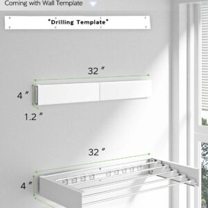 Vikaqi Wall Mounted Clothes Drying Rack, Foldable Wall Mount Laundry Drying Rack Folding Indoor, Drying Rack Clothing Collapsible, Towel Drying Rack with Wall Template, 5 Rods, 32", White