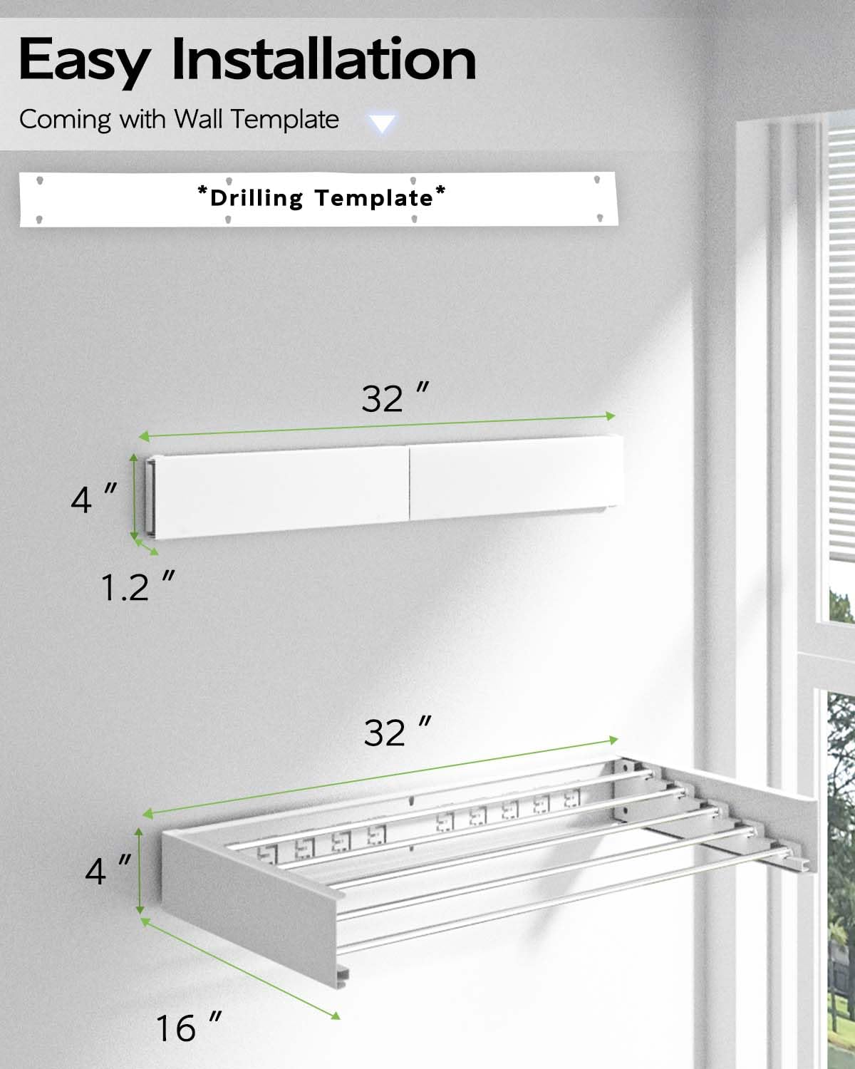 Vikaqi Wall Mounted Clothes Drying Rack, Foldable Wall Mount Laundry Drying Rack Folding Indoor, Drying Rack Clothing Collapsible, Towel Drying Rack with Wall Template, 5 Rods, 32", White