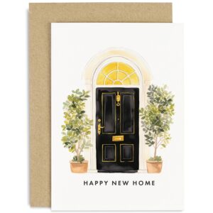 old english co. stylish new home card for him or her - black front door olive tree housewarming card for couple - congratulations on new house card for men and women | blank inside with envelope