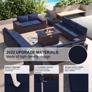 Kullavik 13 Pieces Outdoor Patio Furniture Set with 43" 55000BTU Gas Propane Fire Pit Table PE Wicker Rattan Sectional Sofa Patio Conversation Sets,Navy blue