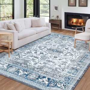 caremee area rug 8x10 for bedroom living room, soft vintage carpet washable with non-slip backing non shedding stain resistant large boho washable rug for home decor indoor floor,grey