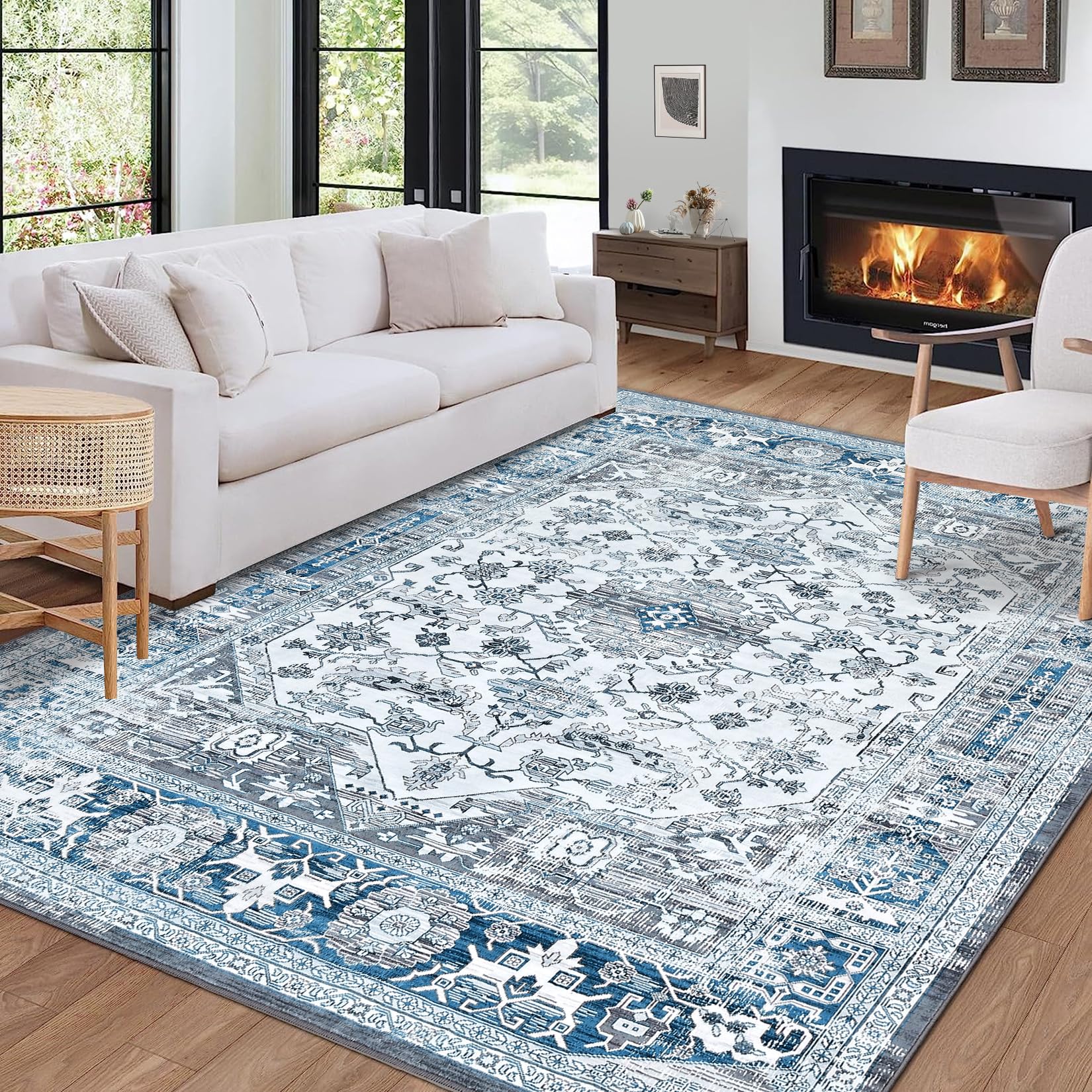 CAREMEE Area Rug 8x10 for Bedroom Living Room, Soft Vintage Carpet Washable with Non-Slip Backing Non Shedding Stain Resistant Large Boho Washable Rug for Home Decor Indoor Floor,Grey