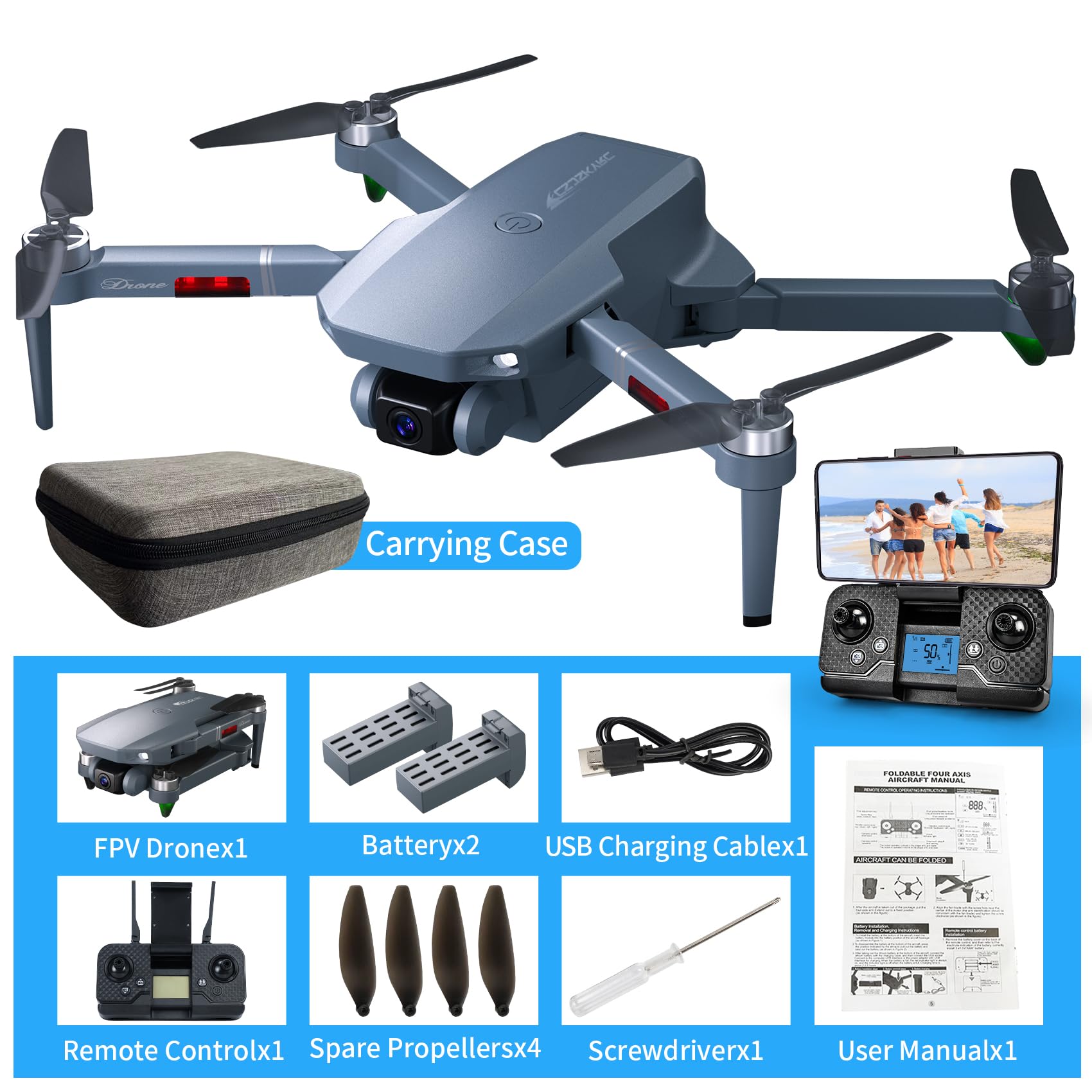 FPV Drone with 2 Camera for Adults, Foldable WIFI RC Quadcopter Remote Control Airplanes Kit with 2 Batteries,Advanced Brushless Motors, Long Range Video Transmission, 3D Flip, Auto Return Home,APP Control (Gray)