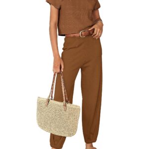 MEROKEETY Women Two Piece Outfits Sweater Sets Knit Pullover Tops High Waist Pants Lounge Set Tracksuit, Pecan, Small