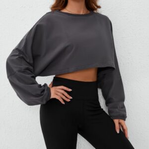 Meladyan Women Long Sleeve Crewneck Crop Top Tee Shirt Sweatshirt Casual Solid Loose Fit Workout Cropped Pullover Tshirt Dark Grey