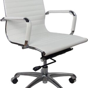 Fohfurniture White PU Leather Ergonomic Executive Office Desk Tark Chair, Mid Back Leather Height Adjustable Swivel Ribbed Chairs Conference Task Chair(Mid-Back, White)