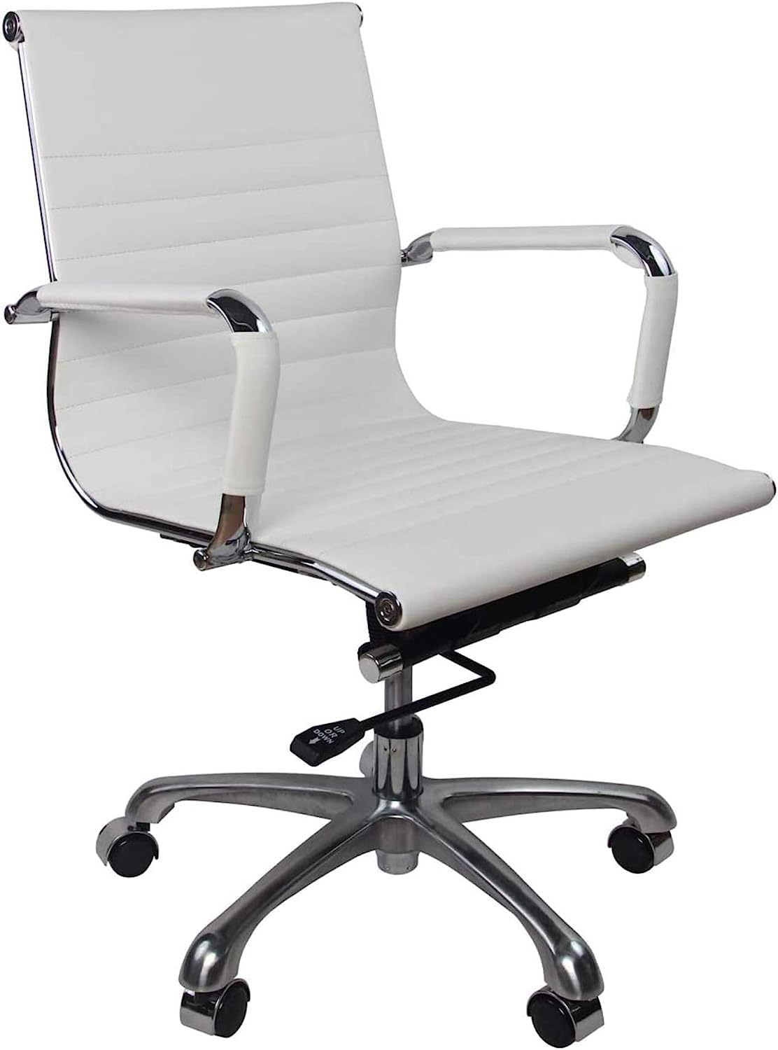 Fohfurniture White PU Leather Ergonomic Executive Office Desk Tark Chair, Mid Back Leather Height Adjustable Swivel Ribbed Chairs Conference Task Chair(Mid-Back, White)