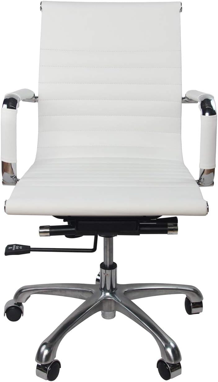 Fohfurniture White PU Leather Ergonomic Executive Office Desk Tark Chair, Mid Back Leather Height Adjustable Swivel Ribbed Chairs Conference Task Chair(Mid-Back, White)