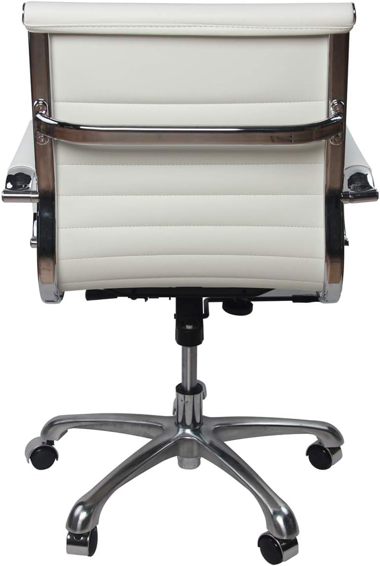 Fohfurniture White PU Leather Ergonomic Executive Office Desk Tark Chair, Mid Back Leather Height Adjustable Swivel Ribbed Chairs Conference Task Chair(Mid-Back, White)