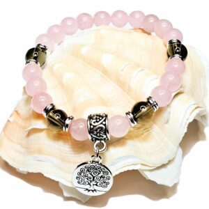 Heart Healing Bracelet with Charm Natural Semi-Precious Stone Beads Rose Quartz + Smoky Quartz Tree of Life Handmade Bracelet USA HANDMADE