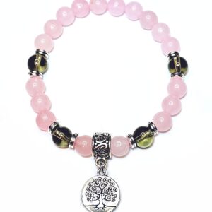 Heart Healing Bracelet with Charm Natural Semi-Precious Stone Beads Rose Quartz + Smoky Quartz Tree of Life Handmade Bracelet USA HANDMADE