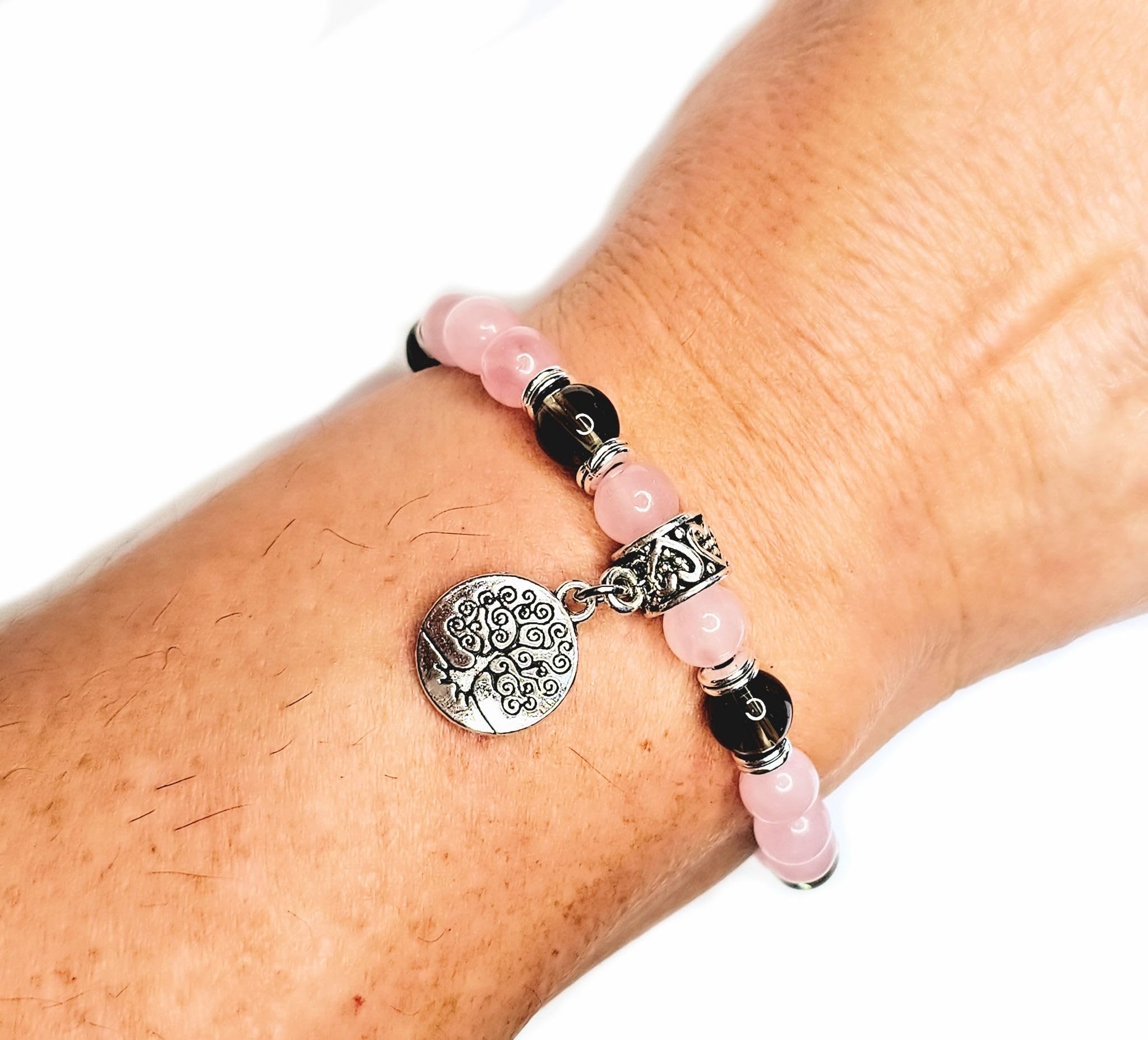 Heart Healing Bracelet with Charm Natural Semi-Precious Stone Beads Rose Quartz + Smoky Quartz Tree of Life Handmade Bracelet USA HANDMADE