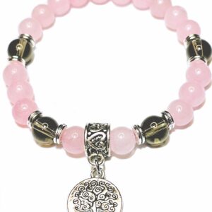 Heart Healing Bracelet with Charm Natural Semi-Precious Stone Beads Rose Quartz + Smoky Quartz Tree of Life Handmade Bracelet USA HANDMADE