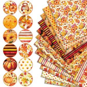 Whaline 12Pcs Fall Cotton Fabric Bundles 18 x 22 Inch Watercolor Pumpkin Maple Sunflower Fat Quarters Autumn Quilting Patchwork Squares Sewing Fabrics for Fall Thanksgiving DIY Craft Party Decor