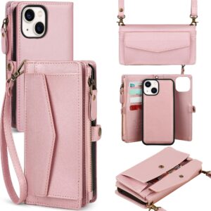 dkdksip for iphone 15 wallet case for women, support wireless charging with rfid blocking card holder, pu leather zipper wallet detachable magnetic phone case with crossbody strap, pink