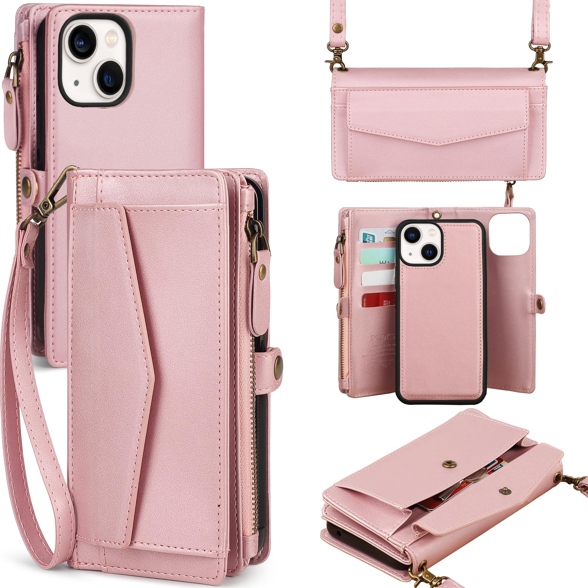 DKDKSIP for iPhone 15 Wallet Case for Women, Support Wireless Charging with RFID Blocking Card Holder, PU Leather Zipper Wallet Detachable Magnetic Phone Case with Crossbody Strap, Pink