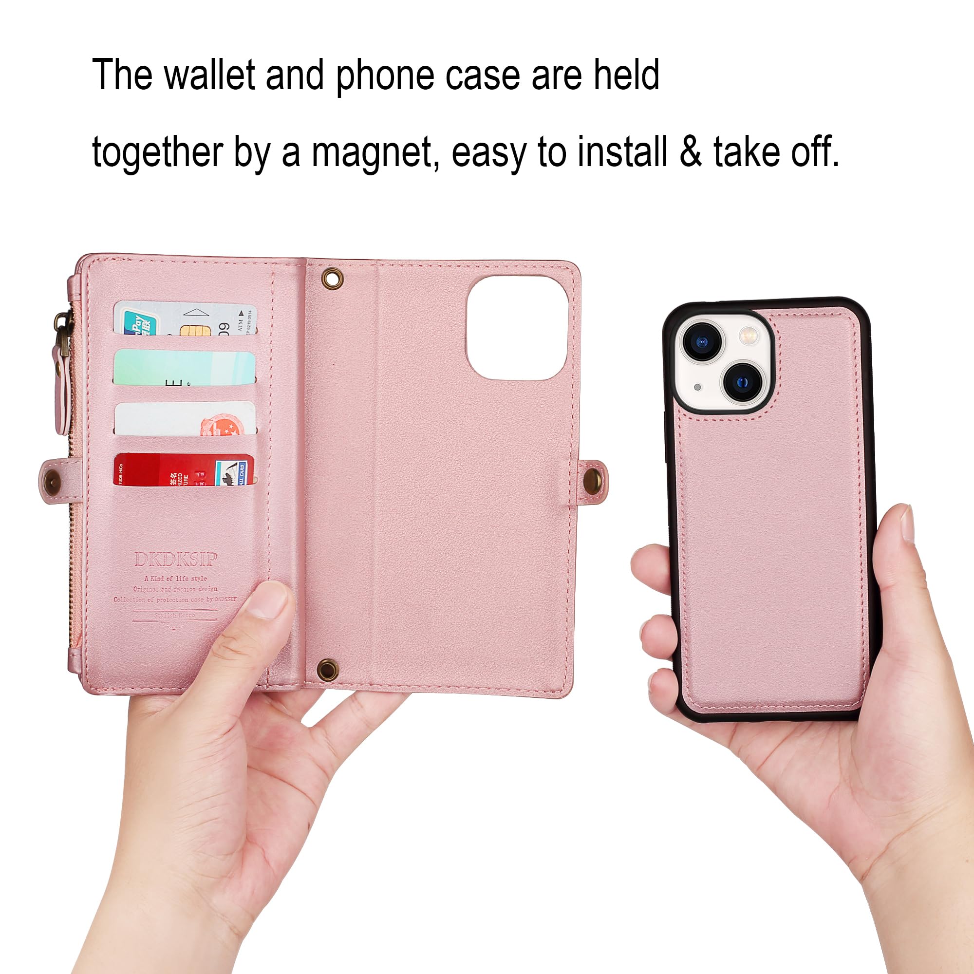 DKDKSIP for iPhone 15 Wallet Case for Women, Support Wireless Charging with RFID Blocking Card Holder, PU Leather Zipper Wallet Detachable Magnetic Phone Case with Crossbody Strap, Pink