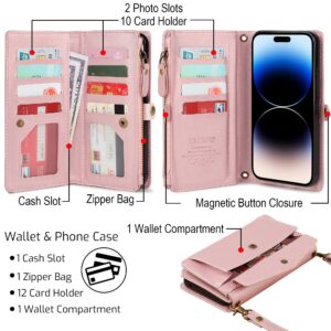 DKDKSIP for iPhone 15 Wallet Case for Women, Support Wireless Charging with RFID Blocking Card Holder, PU Leather Zipper Wallet Detachable Magnetic Phone Case with Crossbody Strap, Pink