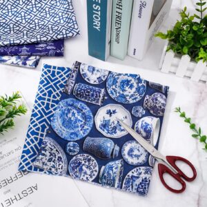 Whaline 12Pcs Blue Chinoiserie Cotton Fabric Bundles 18 x 22 Inch White Blue China Fat Quarters Oriental Quilting Patchwork Squares Sewing Fabrics for DIY Handmade Craft Party Decor