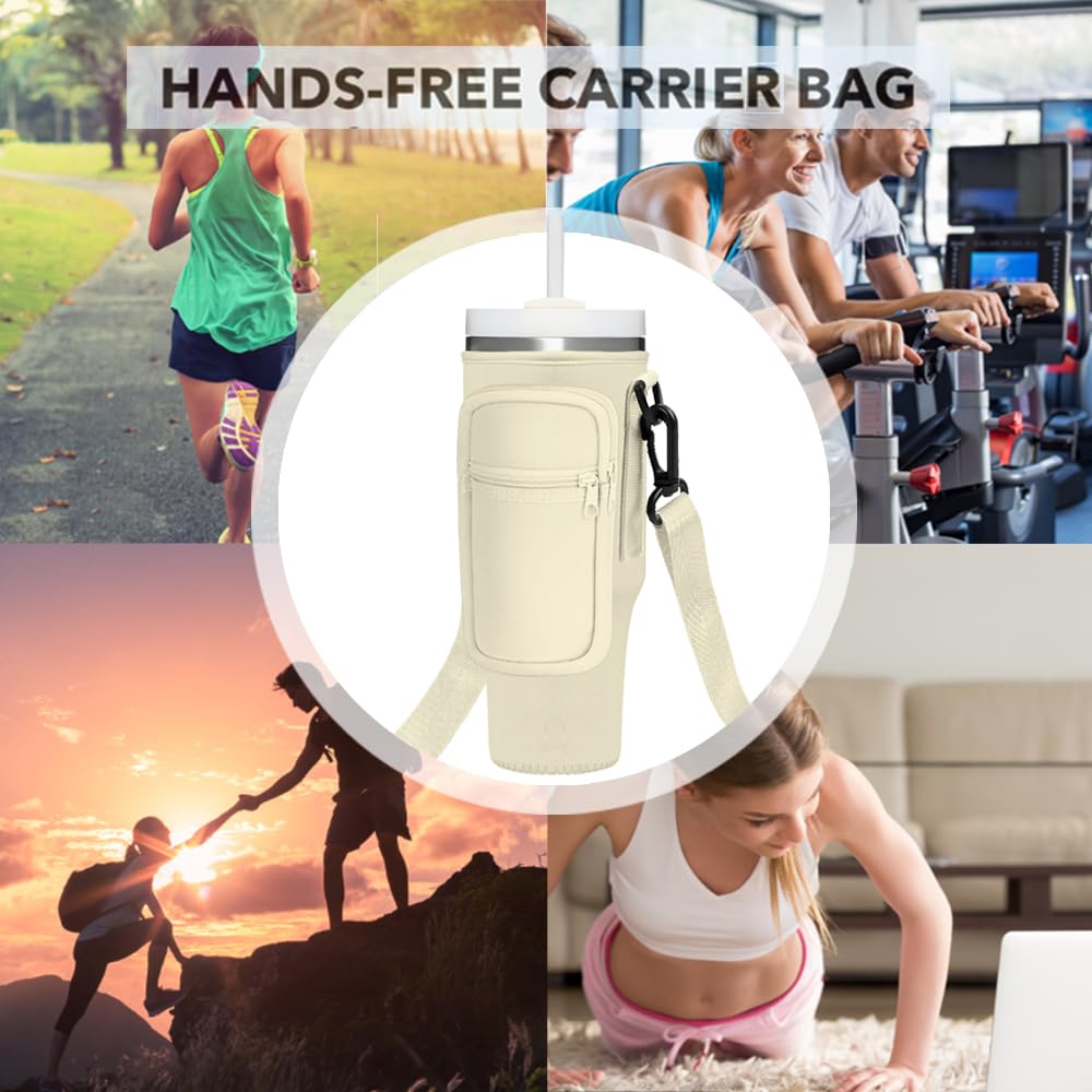 Momocici Cup Holder Carrier Bag with Strap and Pouch for Stanley Quencher 40oz Tumbler. Cup Crossbody Holder Bag Compatible with Stanley Cup for Hiking Travelling Camping.(Cream)