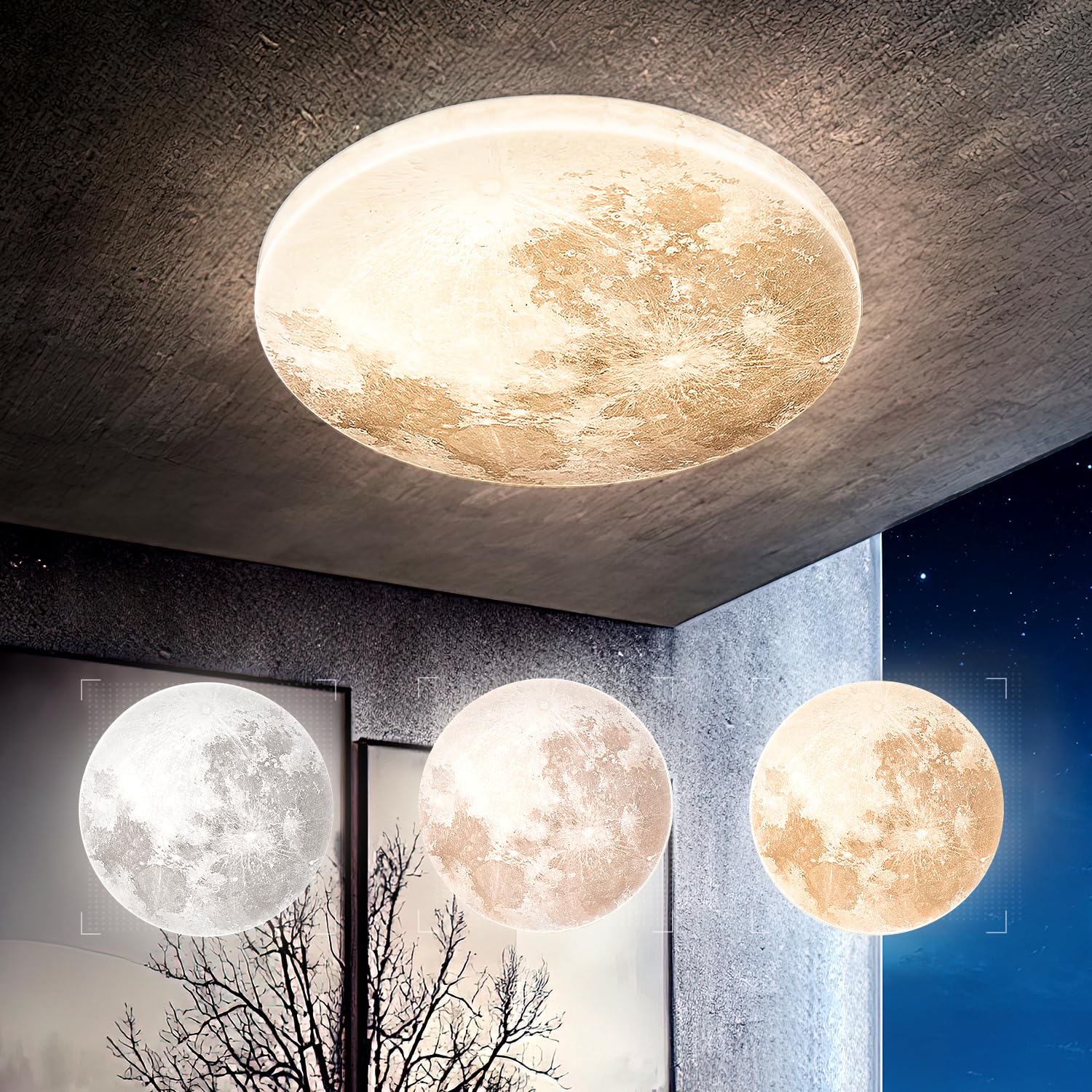 13.8IN Moon-style Dimmable Flush Mount Ceiling Light Fixture, 3000K/4000K/6500K Changeable Color by Wall Switch, LED Modern Ceiling Lamp for Bedroom, Kitchen, Hallway, Kids room(No Remote Control)