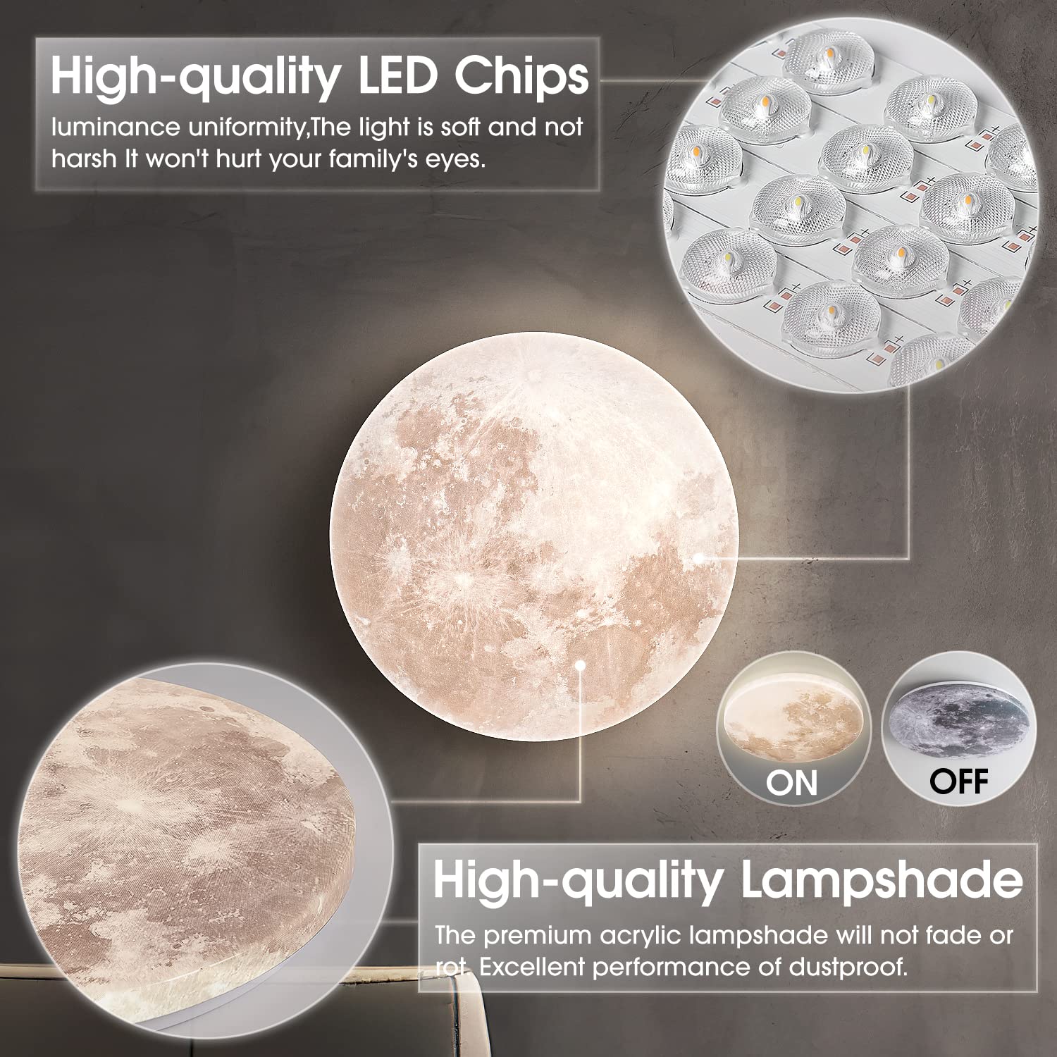 13.8IN Moon-style Dimmable Flush Mount Ceiling Light Fixture, 3000K/4000K/6500K Changeable Color by Wall Switch, LED Modern Ceiling Lamp for Bedroom, Kitchen, Hallway, Kids room(No Remote Control)