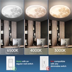 13.8IN Moon-style Dimmable Flush Mount Ceiling Light Fixture, 3000K/4000K/6500K Changeable Color by Wall Switch, LED Modern Ceiling Lamp for Bedroom, Kitchen, Hallway, Kids room(No Remote Control)