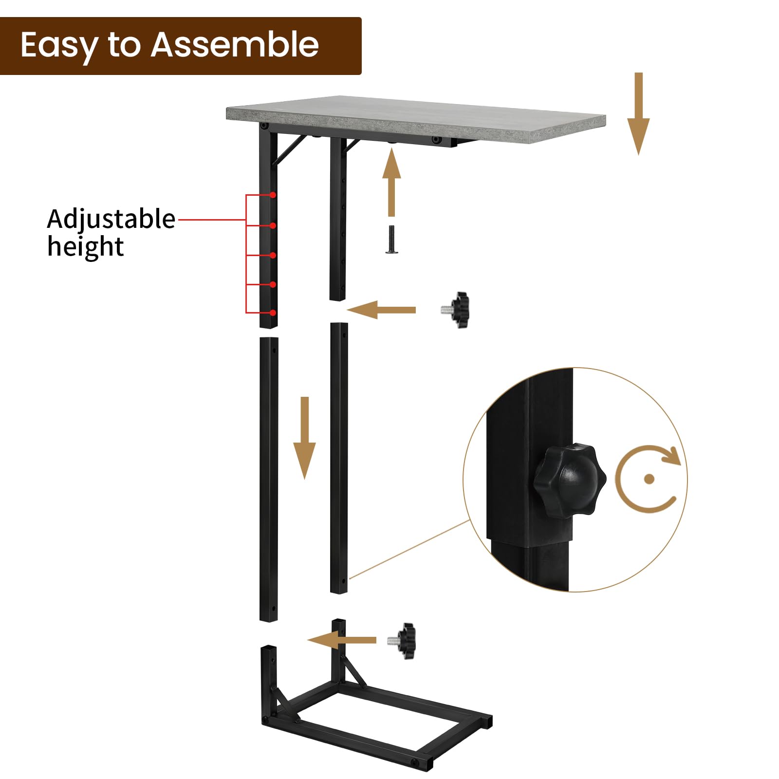 WHEARTED Adjustable C Shaped End Table - C Table Side Table for Couch and Sofa, Small Coffee Table with Metal Frame in Living Room, Bedroom, Bedside Rustic Gray