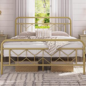 Topeakmart Queen Bed Frames Metal Platform Bed with Vintage Style Headboard/Mattress Foundation/No Box Spring Needed/Under Bed Storage/Strong Slat Support Antique Gold Queen Bed