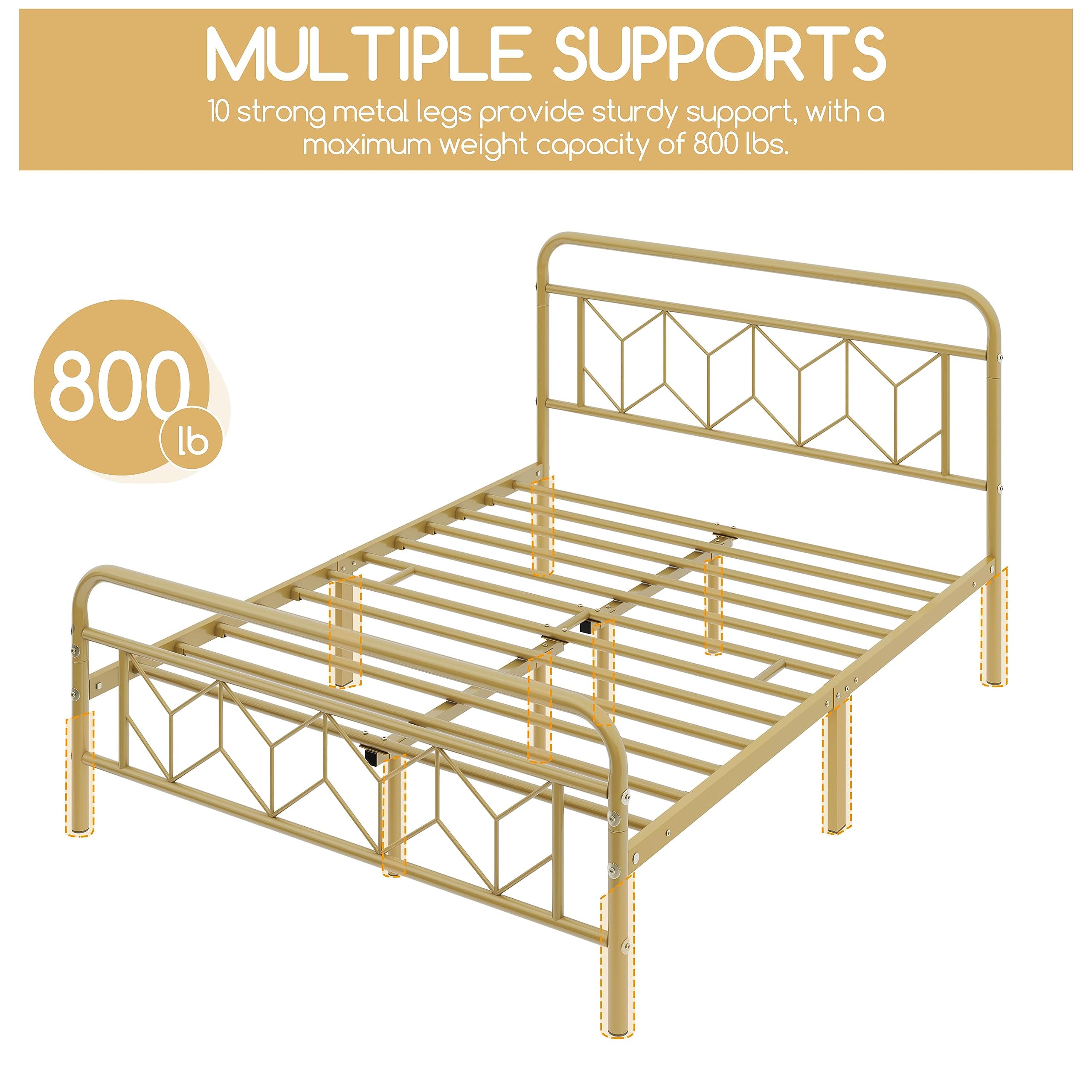 Topeakmart Queen Bed Frames Metal Platform Bed with Vintage Style Headboard/Mattress Foundation/No Box Spring Needed/Under Bed Storage/Strong Slat Support Antique Gold Queen Bed