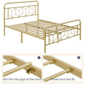 Topeakmart Queen Bed Frames Metal Platform Bed with Vintage Style Headboard/Mattress Foundation/No Box Spring Needed/Under Bed Storage/Strong Slat Support Antique Gold Queen Bed