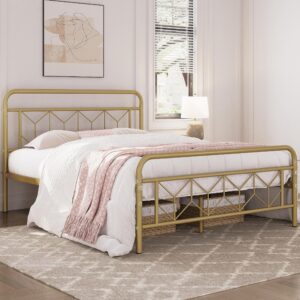 Topeakmart Queen Bed Frames Metal Platform Bed with Vintage Style Headboard/Mattress Foundation/No Box Spring Needed/Under Bed Storage/Strong Slat Support Antique Gold Queen Bed