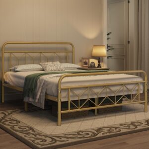 Topeakmart Queen Bed Frames Metal Platform Bed with Vintage Style Headboard/Mattress Foundation/No Box Spring Needed/Under Bed Storage/Strong Slat Support Antique Gold Queen Bed