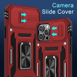 DEERLAMN for iPhone 13 Pro Max Case with Slide Camera Cover+Screen Protector(1 Pack),Rotated Ring Kickstand Military Grade Shockproof Protective Cover 6.7 Inch-Red