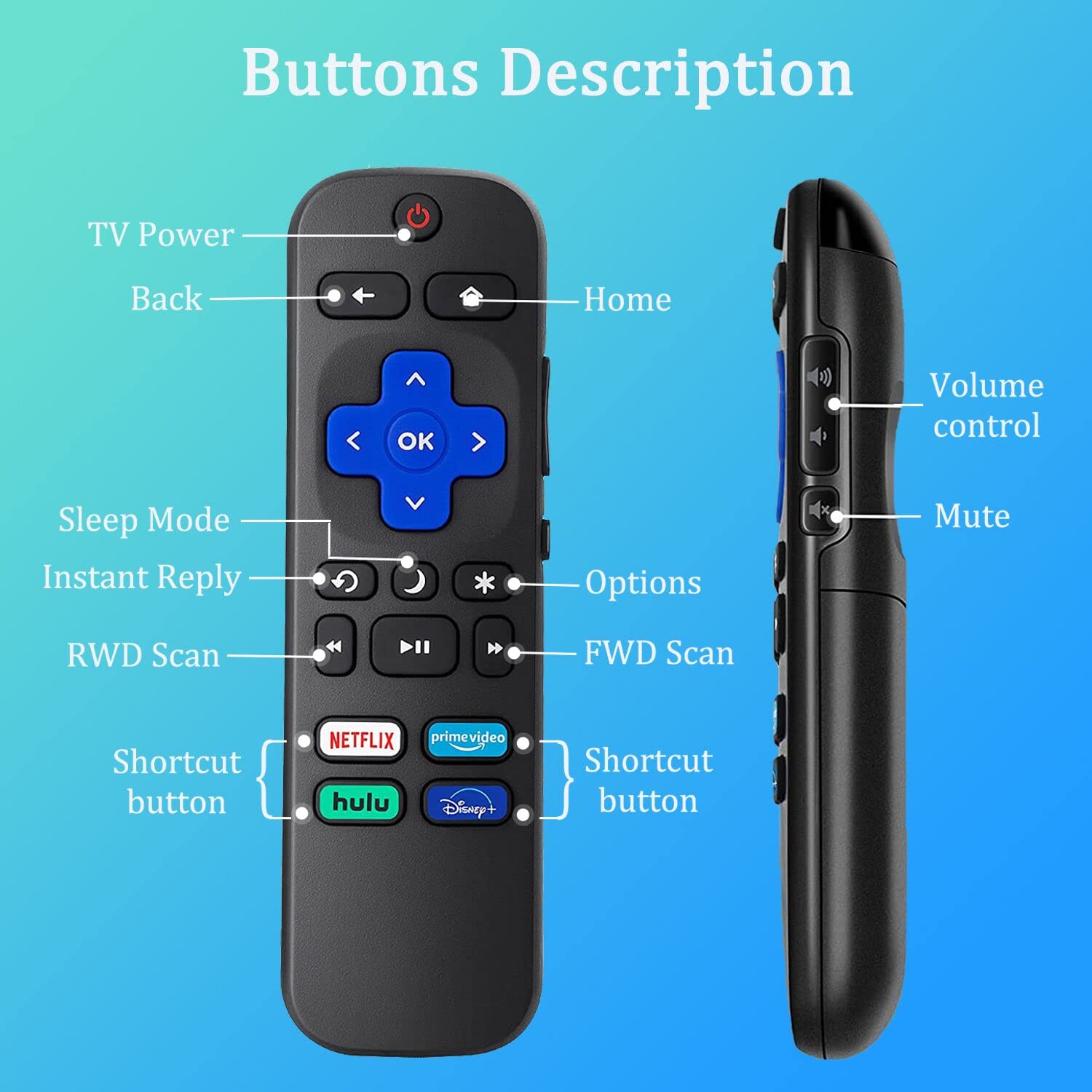 2 Pack Universal TV Remote for Roku TV, AKWOR Replacement for TCL Roku/for Hisense Roku/for Sharp Roku TV,TV Remote with Netflix Disney+/Hulu/Prime Video