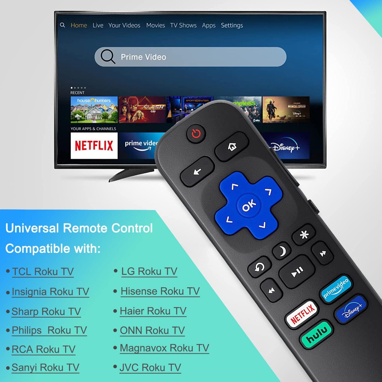 2 Pack Universal TV Remote for Roku TV, AKWOR Replacement for TCL Roku/for Hisense Roku/for Sharp Roku TV,TV Remote with Netflix Disney+/Hulu/Prime Video