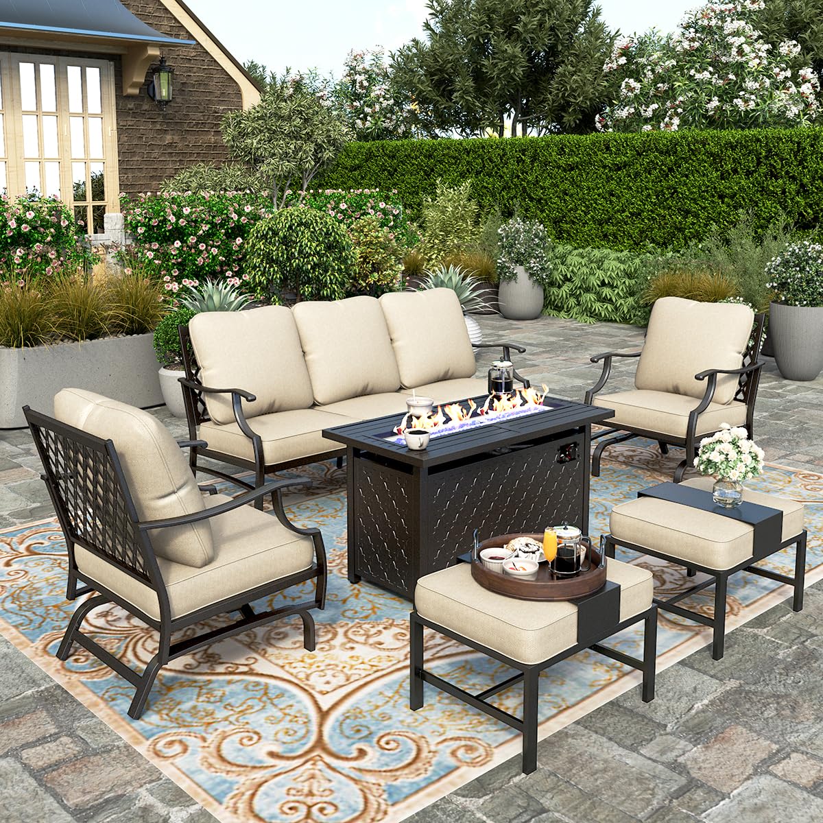 HERA'S HOUSE 6 Pieces Patio Furniture Set with Fire Pit Table, 2 x Rocking Chair, 2 x Ottoman, 3-Seat Sofa with 45" Fire Pit Table, Outdoor Conversation Set for Garden, Poolside, Backyard