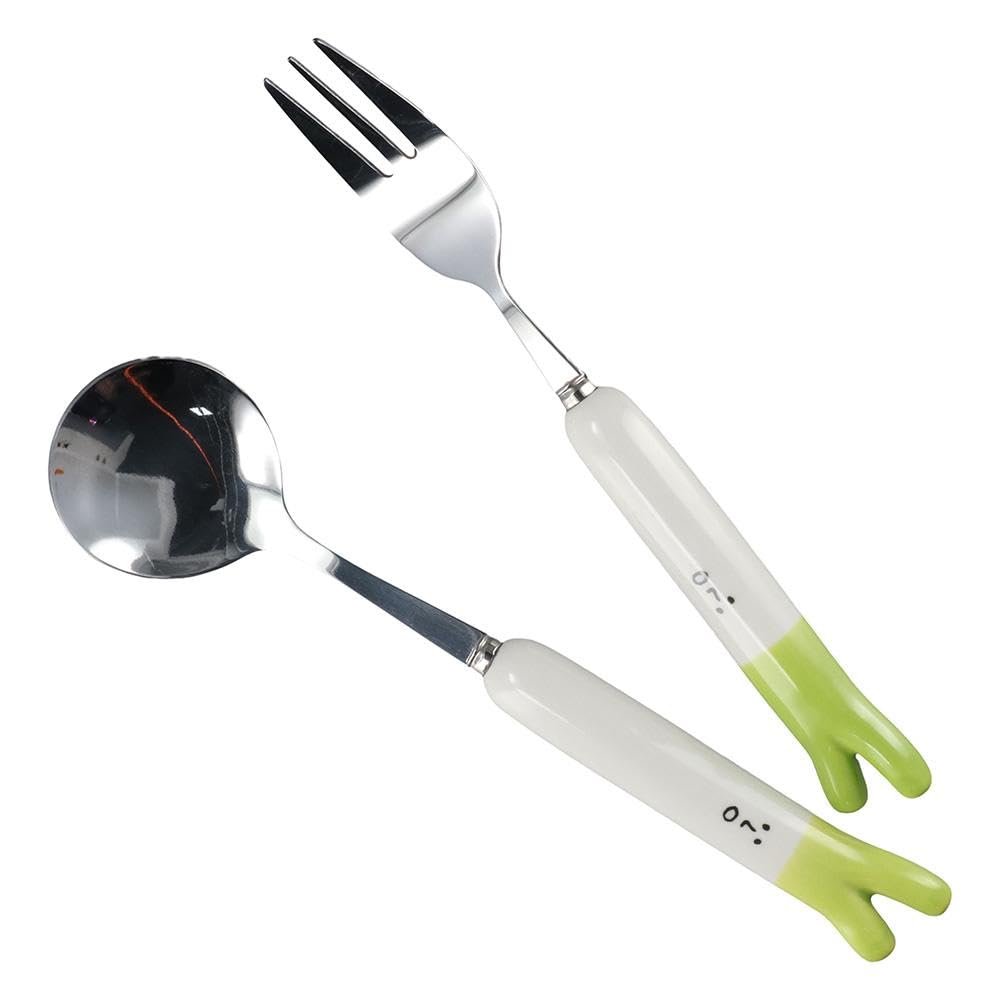 hobbyme Stainless Steel Ceramic Fork Spoon Portable Cutlery Set Cute Green Onion Spoon Fork Set For Home