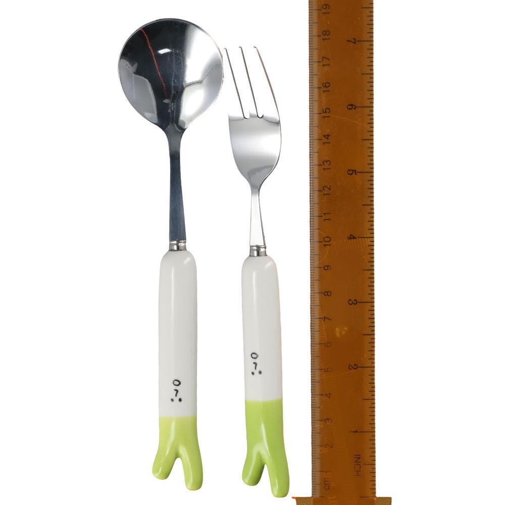 hobbyme Stainless Steel Ceramic Fork Spoon Portable Cutlery Set Cute Green Onion Spoon Fork Set For Home