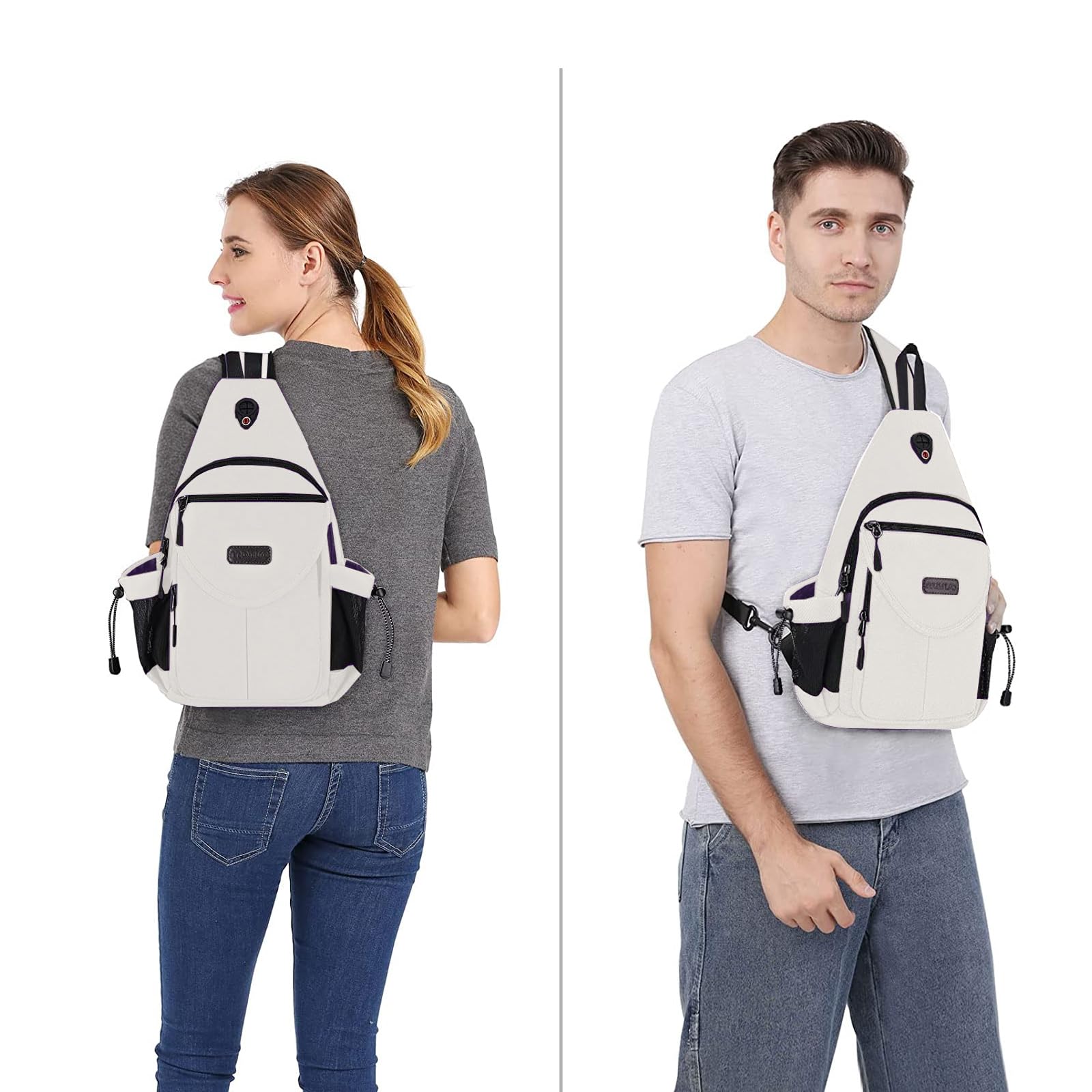 MOSISO Sling Backpack,Canvas Crossbody Hiking Daypack Bag with Anti-theft Pocket, Pearl White