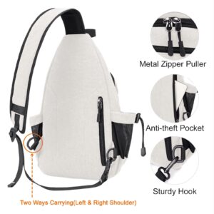 MOSISO Sling Backpack,Canvas Crossbody Hiking Daypack Bag with Anti-theft Pocket, Pearl White