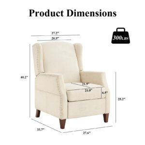 COLAMY Wingback Pushback Recliner Chair with Storage Pocket, Upholstered Fabric Living Room Chair Armchair with Wood Legs and Nailhead Trim, Beige