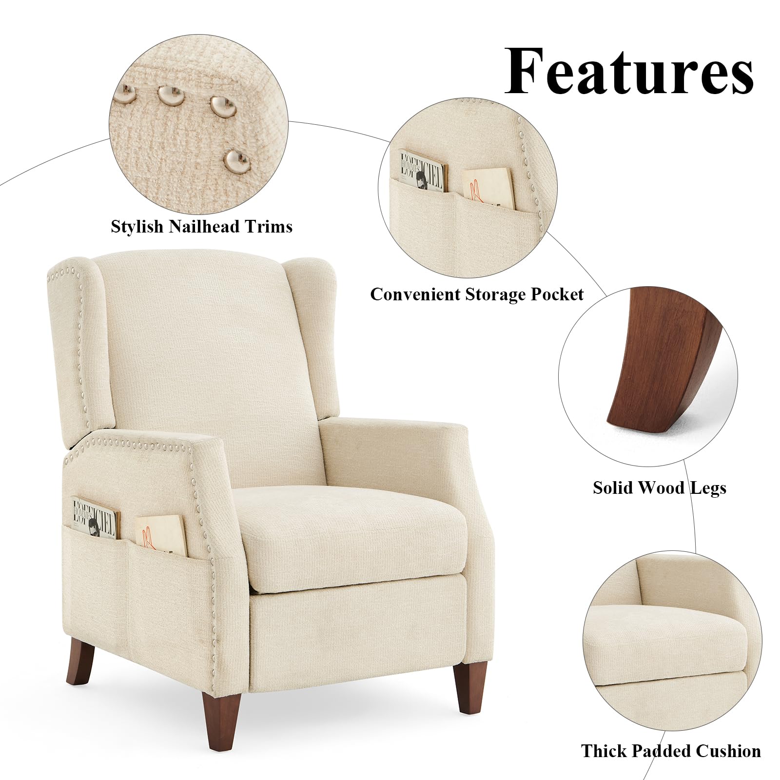 COLAMY Wingback Pushback Recliner Chair with Storage Pocket, Upholstered Fabric Living Room Chair Armchair with Wood Legs and Nailhead Trim, Beige